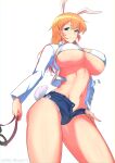  1girl animal_ears bikini blue_eyes blue_shorts blush breasts charlotte_e._yeager eyebrows_visible_through_hair goggles grin hand_on_hip highres holding holding_goggles large_breasts long_hair looking_at_viewer navel orange_hair rabbit_ears rabbit_tail shiny shiny_hair short_shorts shorts simple_background smile solo strike_witches swimsuit tail underboob varie7k white_background white_bikini world_witches_series 