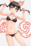  1girl :o armpits arms_up bangs bare_shoulders bikini black_bikini black_hair breasts cat_day cleavage collarbone commentary_request contrapposto cowboy_shot en&#039;en_no_shouboutai eyebrows_visible_through_hair fiery_ears fiery_tail fire groin hair_between_eyes highres holding holding_hair long_hair looking_at_viewer medium_breasts midriff navel orange_eyes shinbo_etoka sidelocks signature simple_background skindentation solo standing swimsuit tail tamaki_kotatsu twintails white_background 
