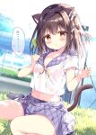  1girl :o absurdres animal_ears azumi_kazuki bangs black_legwear blurry blurry_background blush bow breasts brown_eyes brown_hair cat_day cat_ears cat_girl cat_tail cattail claw_pose commentary_request day depth_of_field eyebrows_visible_through_hair flying_sweatdrops hair_between_eyes hair_bow hair_intakes highres looking_at_viewer on_grass original outdoors parted_lips plant purple_sailor_collar purple_skirt sailor_collar see-through shirt short_sleeves sitting skirt small_breasts socks solo striped striped_bow sweat tail translation_request two_side_up wariza wet wet_clothes wet_shirt white_bow white_shirt 