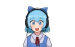  1girl :d blue_bow blue_eyes blue_hair blue_skirt bow cable cirno commentary english_commentary eyebrows_visible_through_hair hair_bow headphones headset highres looking_at_viewer microphone neck_ribbon nvi2762 portrait red_neckwear red_ribbon ribbon shirt short_hair skirt smile solo straight-on suspender_skirt suspenders touhou transparent_background white_shirt 