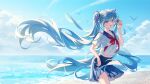  1girl absurdly_long_hair aqua_eyes aqua_hair beach bird blue_collar blue_skirt camera cloud collar collared_shirt commentary cowboy_shot day floating_hair hair_ribbon hatsune_miku highres holding holding_camera kongzao long_hair looking_at_viewer miniskirt neckerchief ocean open_mouth outdoors pleated_skirt red_neckerchief red_ribbon ribbon sailor_collar school_uniform serafuku shirt short_sleeves skirt smile solo twintails very_long_hair vocaloid white_shirt wide_shot 