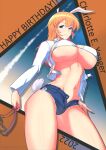  1girl animal_ears bikini blue_eyes blue_shorts blush breasts character_name charlotte_e._yeager eyebrows_visible_through_hair goggles grin hand_on_hip happy_birthday highres holding holding_goggles large_breasts long_hair looking_at_viewer navel orange_hair rabbit_ears rabbit_tail shiny shiny_hair short_shorts shorts smile solo strike_witches swimsuit tail underboob varie7k white_bikini world_witches_series 