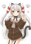  1girl amatsukaze_(kancolle) animal_ears brown_dress cat_ears cat_tail cocoperino commentary_request cowboy_shot dress garter_straps gloves grey_neckerchief hair_tubes hat kantai_collection lifebuoy lifebuoy_ornament long_hair looking_at_viewer mini_hat neckerchief paw_print red_legwear sailor_collar sailor_dress short_dress silver_hair simple_background single_glove smokestack_hair_ornament solo striped striped_legwear tail thighhighs two_side_up white_background white_gloves white_sailor_collar windsock 
