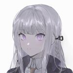  1girl bangs black_jacket black_ribbon brown_necktie closed_mouth collared_shirt danganronpa:_trigger_happy_havoc danganronpa_(series) grey_background grey_shirt hair_ribbon jacket kirigiri_kyouko long_hair looking_at_viewer necktie open_clothes open_jacket pink_eyes portrait purple_eyes ribbon shiny shiny_hair shirt silver_hair simple_background solo unmyeong 