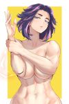  1girl abs anagumasan bare_shoulders boku_no_hero_academia breasts collarbone curvy highres lady_nagant large_breasts looking_at_viewer multicolored_hair muscular muscular_female nude parted_lips pink_hair purple_eyes purple_hair short_hair solo toned topless yellow_background 
