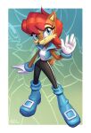  2022 absurd_res anthro archie_comics blue_eyes boots breasts brown_body brown_fur chipmunk clothing eyelashes eyelashes_visible_through_hair female footwear fur gesture gloves ground_squirrel hair handwear hi_res holivi looking_at_viewer mammal red_hair rodent sally_acorn sciurid sega short_hair smile solo sonic_the_hedgehog_(archie) sonic_the_hedgehog_(comics) sonic_the_hedgehog_(series) tan_body tan_fur topwear translucent translucent_hair vest waving 