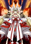  1girl animal_ear_fluff animal_ears bangs bare_shoulders barefoot beast_iv:l blonde_hair blood breasts burning claws cleavage crown dripping evil_grin evil_smile eyebrows_visible_through_hair fangs fate/grand_order fate_(series) fingernails fire fox_ears fox_girl fox_tail full_body fur-trimmed_kimono fur_trim grin hair_between_eyes japanese_clothes kimono kitsune koyanskaya_(fate) large_breasts long_fingernails long_hair looking_at_viewer monster_girl multiple_tails off_shoulder official_art rope shimenawa sidelocks smile solo standing tail talisman tamamo_(fate) very_long_hair wada_arco white_background white_kimono yellow_eyes 