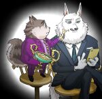  2022 anthro black_nose bottomwear canid canine canis cellphone clothing domestic_cat duo felid feline felis food hi_res humanoid_hands illumination_entertainment jerry_(sing) jimgmyg jimmy_crystal male mammal necktie pants phone shirt sing_(movie) sitting size_difference slightly_chubby smartphone topwear white_body wolf 