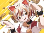  1girl animal_ears bangs bell calico cat_ears cat_girl claw_pose coin commentary_request fang gesture gold goutokuji_mike highres jingle_bell koban_(gold) maneki-neko maou_nerunerune multicolored_hair multicolored_shirt neck_bell open_mouth orange_eyes patch patchwork_clothes paw_pose puffy_short_sleeves puffy_sleeves short_hair short_sleeves streaked_hair touhou upper_body white_hair 