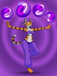  2022 anthro arabian_clothing baggy_pants bandanna bandeau barefoot belly breasts chinese_zodiac cleavage clothed clothing crotch_lines crystal_ball ear_piercing ear_ring feet felid female fortune_teller harem_outfit hi_res kerchief lunar_new_year mammal midriff navel pantherine piercing proceleon purple_background purple_clothing purple_eyes simple_background solo spread_arms stripes tail tiger topwear tora_(psychic_dancer) white_belly wide_hips year_of_the_tiger 