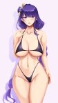  1girl bikini blush breasts cleavage genshin_impact hair_ornament highres long_hair purple_eyes purple_hair raiden_shogun shuugetsu_karasu solo swimsuit 