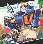  1girl 2boys annoyed apex_legends black_hair blonde_hair blue_eyes blue_gloves blue_headwear blush breasts brown_jacket crypto_(apex_legends) eyepatch facial_hair fuse_(apex_legends) gloves gun hack_(apex_legends) highres hologram hood hooded_jacket jacket korean_commentary looking_at_viewer mechanical_arms medium_breasts multiple_boys mustache one_eye_covered orange_jacket prowler_smg sagas293 single_mechanical_arm sleeveless sleeveless_jacket smile submachine_gun v-shaped_eyebrows wattson_(apex_legends) waving weapon white_jacket 
