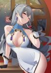  1girl absurdres alcohol bangs bare_shoulders black_gloves black_legwear breasts bronya_zaychik china_dress chinese_clothes chinese_new_year cleavage cleavage_cutout clothing_cutout cup dress drill_hair drinking_glass earrings fireworks gloves grey_hair grin highres holding holding_cup honkai_(series) honkai_impact_3rd indoors jewelry long_hair looking_at_viewer night night_sky open_mouth sky sleeveless sleeveless_dress smile solo susu_(32103088) teeth twin_drills white_dress wine wine_glass 