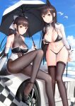  2girls animal_ears artist_name ass_visible_through_thighs atago_(azur_lane) atago_(stunning_speedster)_(azur_lane) azur_lane bangs bare_shoulders bikini bikini_tug bird black_bikini black_bow black_footwear black_hair blue_sky blush bodystocking bow bow_footwear breasts brown_eyes car checkered_flag cleavage cleavage_cutout closed_mouth clothing_cutout cloud cloudy_sky collarbone day extra_ears eyebrows_visible_through_hair feet_out_of_frame fine_fabric_emphasis flag ground_vehicle hair_flaps high_heels highres impossible_clothes kep_(ahokep) leotard logo long_hair long_sleeves looking_at_viewer midriff mole mole_under_eye motor_vehicle multicolored_leotard multiple_girls navel on_vehicle outdoors pantyhose ponytail race_queen revision ribbon seagull shrug_(clothing) sidelocks sitting skindentation sky sleeve_cuffs smile stomach strap_gap swept_bangs swimsuit takao_(azur_lane) takao_(full_throttle_charmer)_(azur_lane) two-tone_bikini two-tone_leotard unitard very_long_hair white_bow white_footwear white_ribbon wolf_ears wrist_cuffs 