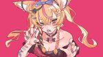  1girl absurdres animal_(vocaloid) animal_ear_fluff animal_ears bandaid bandaid_on_arm bangs bare_shoulders black_choker black_shirt blonde_hair blue_nails blush bow braid breasts character_hair_ornament choker claw_pose cleavage collarbone commentary_request drooling eyebrows_visible_through_hair facial_mark fingernails fox_ears fox_girl hair_between_eyes hair_bow hair_ornament hairclip heart heart_hair_ornament highres hololive jewelry kakult2017 long_hair looking_at_viewer medium_breasts multicolored_hair multicolored_nails nail_polish official_art omaru_polka open_mouth overalls pink_hair pink_nails purple_bow purple_eyes red_background red_overalls ring saliva shirt solo streaked_hair teeth twin_braids twintails virtual_youtuber zain_(omaru_polka) 