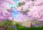  abandoned animal blue_sky cat cherry_blossoms cloud commentary_request day flood flower highres moss no_humans original outdoors overgrown petals petals_on_liquid pink_flower power_lines railing rowboat rust scenery sky stairs tokyogenso tree utility_pole water 