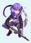  1girl absurdres apex_legends assault_rifle black_sweater blue_eyes braid dragon_tail eyebrows_visible_through_hair gun hair_ornament hairclip head_wings hechium heterochromia highres holding holding_gun holding_weapon lanyard looking_at_viewer nijisanji nijisanji_en pants purple_eyes purple_pants r-301_carbine rifle selen_tatsuki shoes smile sneakers solo squatting sweater tail tongue tongue_out twin_braids v-shaped_eyebrows weapon 