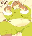  0119_muu 2022 anthro bed belly blush bottomwear bulge cat_day clothing domestic_cat felid feline felis furniture hat headgear headwear japanese_text kemono lying male mammal navel overweight overweight_male pajama_pants pajama_shirt pajamas pants paws solo text 