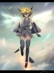  1girl 1other angel_wings bare_shoulders blonde_hair breasts character_request closed_mouth cloud cloudy_sky commentary_request copyright_request covered_navel detached_sleeves highres looking_at_viewer mecha navel original science_fiction sky small_breasts solo thrusters wings zephyr164 