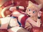  1girl akai_haato animal_ear_fluff animal_ears bangs bell black_panties blonde_hair bow breasts cat_ears cat_tail commentary_request eyebrows_visible_through_hair hair_ornament highres hololive large_breasts lying magowasabi on_back panties signature solo tail tail_bell tail_bow tail_ornament thighhighs twitter_username underwear virtual_youtuber x_hair_ornament 