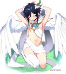  1boy bangs black_hair blue_hair braid closed_eyes commentary english_commentary feathered_wings flower genshin_impact gradient_hair grass hair_flower hair_ornament instanttnoodle male_focus multicolored_hair navel official_alternate_costume short_hair_with_long_locks single_thighhigh solo thighhighs twin_braids venti_(genshin_impact) white_background white_flower white_wings wings 