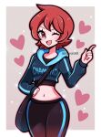  1girl alternate_costume arezu_(pokemon) bag gradient_clothes heart highres navel open_mouth pokemon pokemon_(game) pokemon_legends:_arceus red_eyes red_hair short_hair solo touyarokii winking_(animated) 