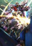  beam_saber blue_eyes dual_wielding fafnir_(mobile_suit) gundam gundam_walpurgis highres holding holding_sword holding_weapon looking_down mecha mobile_suit no_humans over.on science_fiction solo_focus sword sword_clash v-fin weapon zb 