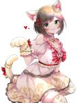  1girl :3 animal_ears animal_hands breasts brown_hair cat_ears cat_paws cat_tail clothing_cutout collarbone dress earrings fang floral_print frilled_dress frills green_eyes heart highres idolmaster idolmaster_cinderella_girls jewelry looking_at_viewer maekawa_miku medium_breasts pom_pom_(clothes) pom_pom_earrings rose_print shoulder_cutout simple_background solo tail white_background yuanagae 