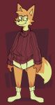  anthro briefs bulge canid canine clothing cute_fangs dipstick_tail eyewear footwear fox glasses hi_res male mammal markings no_shoes simple_background smile socks solo squishy_(artist) standing sweater tail_markings topwear underwear 
