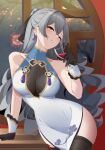 1girl absurdres alcohol bangs bare_shoulders black_gloves black_legwear breasts bronya_zaychik china_dress chinese_clothes chinese_new_year cleavage cup dress drill_hair drinking_glass earrings fireworks gloves grey_hair grin highres holding holding_cup honkai_(series) honkai_impact_3rd indoors jewelry long_hair looking_at_viewer night night_sky open_mouth sky sleeveless sleeveless_dress smile solo susu_(32103088) teeth twin_drills white_dress wine wine_glass 