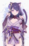  1girl animal_ears bangs blunt_bangs breasts cat_ears cleavage fingerless_gloves flower genshin_impact gloves hair_flower hair_ornament highres japanese_clothes kimono long_hair looking_at_viewer mkichi mole mole_under_eye paw_pose purple_eyes purple_hair raiden_shogun sad solo vision_(genshin_impact) wide_sleeves 