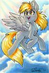  2022 absurd_res blonde_hair chest_tuft cutie_mark dandy_(artist) derpy_hooves_(mlp) equid equine eyebrow_through_hair eyebrows eyelashes feathered_wings feathers female feral flying friendship_is_magic fur grey_body grey_fur hair happy hi_res inner_ear_fluff long_hair mammal my_little_pony open_mouth open_smile pegasus smile solo traditional_media_(artwork) translucent translucent_hair tuft wings yellow_eyes yellow_tail 