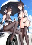 2girls animal_ears artist_name ass_visible_through_thighs atago_(azur_lane) atago_(stunning_speedster)_(azur_lane) azur_lane bangs bare_shoulders bikini bikini_tug bird black_bikini black_bow black_footwear black_hair blue_sky blush bodystocking bow bow_footwear breasts brown_eyes car checkered_flag cleavage cleavage_cutout closed_mouth clothing_cutout cloud cloudy_sky collarbone day extra_ears eyebrows_visible_through_hair feet_out_of_frame fine_fabric_emphasis flag ground_vehicle hair_flaps high_heels highres impossible_clothes kep_(ahokep) leotard logo long_hair long_sleeves looking_at_viewer midriff mole mole_under_eye motor_vehicle multicolored_leotard multiple_girls navel on_vehicle outdoors pantyhose ponytail race_queen revision ribbon seagull shrug_(clothing) sidelocks sitting skindentation sky sleeve_cuffs smile stomach strap_gap swept_bangs swimsuit takao_(azur_lane) takao_(full_throttle_charmer)_(azur_lane) two-tone_bikini two-tone_leotard unitard very_long_hair white_bow white_footwear white_ribbon wolf_ears wrist_cuffs 