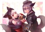  2girls animal_ears arknights arm_at_side bangs beret black_jacket border breasts bucket commentary_request cross_hair_ornament dur-nar_(arknights) dutch_angle e-bushi ears_through_headwear eating food fox_ears fox_girl fox_tail from_side frostleaf_(arknights) hair_between_eyes hair_ornament hairpin hand_up hat head_tilt headphones headphones_over_headwear height_difference hexagon highres jacket light_particles long_hair long_sleeves looking_at_viewer multiple_girls off-shoulder_shirt off_shoulder oripathy_lesion_(arknights) outstretched_hand oversized_clothes pocket popcorn purple_eyes purple_hair red_eyes red_jacket red_nails scarf shaded_face shirt short_hair sidelocks smile tail white_background white_hair white_shirt woollen_cap 
