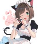  1girl ;d alternate_costume animal_ears blush breasts brown_hair cat_ears cat_tail cleavage_cutout clothing_cutout dated detached_collar enmaided fang green_eyes hair_intakes happy_birthday heart heart_hands idolmaster idolmaster_cinderella_girls idolmaster_cinderella_girls_starlight_stage komoe_(hinagatu) looking_at_viewer maekawa_miku maid maid_headdress medium_breasts one_eye_closed paw_print puffy_short_sleeves puffy_sleeves short_hair short_sleeves simple_background smile solo tail white_background wrist_cuffs 