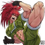  1girl action gloves highres jamrolypoly kicking leona_heidern military military_uniform muscular muscular_female orochi_leona red_eyes red_hair snk the_king_of_fighters the_king_of_fighters_xv uniform 