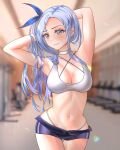  1girl absurdres armpits arms_behind_head black_shorts blue_eyes blue_hair blurry blurry_background borrowed_character breasts choker cleavage closed_mouth collarbone contrapposto cowboy_shot forehead gym hair_tie highres indoors light_rays lips looking_at_viewer medium_breasts midriff minah_(chaesu) multicolored_eyes navel open_fly orange_eyes original panty_straps parted_hair short_shorts shorts side_ponytail sidelocks solo sports_bra thigh_gap wide_hips wonnikon 