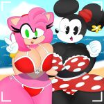  2022 3barts 4k absurd_res accessory amy_rose anthro beach big_breasts big_ears bikini black_body black_fur bottomwear breast_squish breasts breasts_frottage camera_view clothing curvy_figure detailed_background digital_media_(artwork) disney dot_eyes duo eulipotyphlan eyelashes female fingers fur gesture gloves green_eyes hair handwear hat headband headgear headwear hedgehog hi_res hourglass_figure huge_breasts lips looking_at_viewer mammal midriff minnie_mouse mouse multicolored_body multicolored_fur murid murine navel outside pink_body pink_fur pink_hair rodent sea seaside sega short_hair side-tie_bikini skirt smile sonic_the_hedgehog_(series) squish standing swimwear tan_body tan_fur thick_thighs tongue topwear tube_top two_tone_body two_tone_fur v_sign voluptuous water white_body white_fur wide_hips 