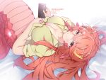  1girl blush breasts cellphone cleavage commentary_request commission hair_ornament hairclip halkawa501 holding holding_phone lamia large_breasts long_hair miia_(monster_musume) monster_girl monster_musume_no_iru_nichijou phone pointy_ears red_hair scales shirt skeb_commission smartphone smile solo split_mouth tied_shirt 