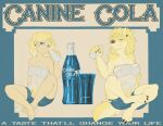  absurd_res advertisement anthro athletic athletic_anthro beverage blonde_hair blue_eyes canid canine clothing cola english_text female hair hi_res human mammal nothere3 smile smiling_at_viewer soda solo species_transformation text torn_clothing transformation were werecanid yogoat 