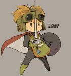  1boy blonde_hair bodysuit cape closed_mouth copyright_name dragon_quest dragon_quest_ii frown full_body goggles goggles_on_head mota prince_of_samantoria shield simple_background solo spiked_hair sword weapon 