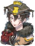  1other androgynous animification apex_legends black_hair black_sweater bloodhound_(apex_legends) brown_jacket fur_trim gloves grey_eyes hair_behind_ear hair_between_eyes helmet highres holding holding_mask jacket kayanogura mask mask_removed portrait rebreather red_gloves ribbed_sweater sweater white_background 