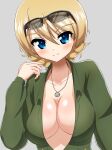  1girl bangs black-framed_eyewear blonde_hair blue_eyes braid breasts cleavage closed_mouth commentary darjeeling_(girls_und_panzer) earlobe1514366 eyebrows_visible_through_hair eyewear_on_head girls_und_panzer girls_und_panzer_senshadou_daisakusen! green_jumpsuit grey_background hand_in_hair highres jewelry jumpsuit large_breasts long_sleeves looking_at_viewer necklace no_bra no_shirt partially_unzipped short_hair simple_background smile solo sunglasses tied_hair twin_braids upper_body 