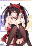  1girl :p animal_ears ass asymmetrical_hair bare_shoulders black_collar black_hair black_legwear blush breasts cat_day cat_ears cat_girl cat_tail cleavage clock_eyes collar date_a_live garter_straps hairband hand_on_own_knee hand_to_own_mouth heterochromia highres knees_together_feet_apart lewdkuma licking lolita_hairband long_hair looking_at_viewer medium_breasts no_bra official_alternate_costume paw_pose red_eyes roman_numeral solo spaghetti_strap strap_slip symbol-shaped_pupils tail tail_censor thighhighs tokisaki_kurumi tongue tongue_out twintails upskirt yellow_eyes 
