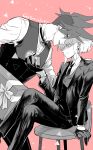  2boys 302 box chair formal galo_thymos gift gift_box gloves half_gloves highres holding holding_gift lio_fotia male_focus monochrome multiple_boys necktie promare sitting suit three-piece_suit valentine vest waistcoat 