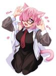  1girl absurdres amami_tokko animal_ears cat_ears cat_girl cat_tail dress fang fate/grand_order fate_(series) full_body glasses hair_over_one_eye highres long_sleeves looking_at_viewer mash_kyrielight necktie open_mouth purple_eyes short_hair simple_background skin_fang solo tail tongue white_background 