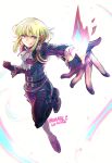  1boy 302 androgynous ascot black_gloves blonde_hair blue_fire fire gloves green_hair half_gloves highres lio_fotia male_focus pink_fire promare purple_eyes purple_fire pyrokinesis solo 