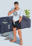  1boy ankleband bangs bare_legs barefoot black_hair black_shorts blue_eyes book bulge clothes_pull collar_tug couch earrings english_commentary grey_male_underwear hand_in_pocket hand_up highres jewelry looking_at_viewer male_focus male_underwear male_underwear_peek open_clothes open_fly open_shorts original plant potted_plant print_shirt raised_eyebrow shian948076 shirt shirt_pull short_hair short_shorts short_sleeves shorts smirk socks socks_removed solo standing stud_earrings toned toned_male unbuttoned underwear white_legwear white_shirt 