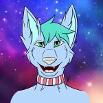  blue_body blue_fur canid canine canis collar epsilon_rho fur green_eyes heqadshot_portrait hi_res looking_at_viewer mammal smile smiling_at_viewer space star unknown_artist wolf 