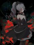  1girl absurdres black_background black_dress black_gloves black_legwear breasts bronya_zaychik bronya_zaychik_(black_nucleus) bug butterfly cleavage commentary_request cowboy_shot dress elbow_gloves flower gloves grey_hair highres honkai_(series) honkai_impact_3rd japanese_clothes kimono kuo_(kuo114514) multicolored_hair pantyhose parted_lips ponytail red_eyes red_flower red_hair small_breasts solo strapless strapless_dress streaked_hair 